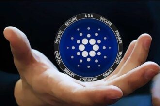 Human hand touching digital banking interface with currency symbols and blockchain connections
